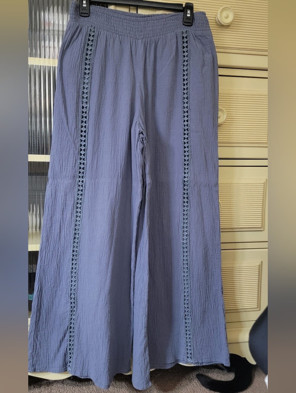Wide Leg Cotton-Blend Pants in Blue with Trim